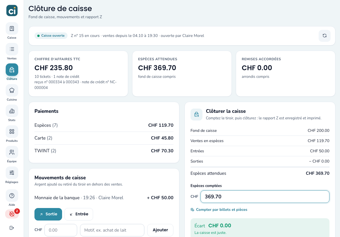 Caisse ouverte : chiffres, mouvements et comptage