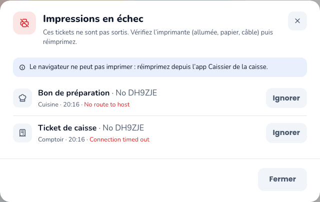 Impressions en échec : un ticket de caisse et un bon de préparation à réimprimer