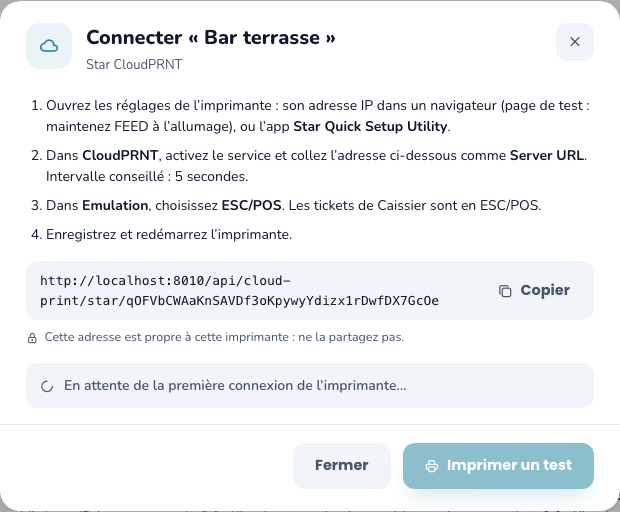 Connecter une imprimante Star CloudPRNT : étapes et adresse à copier