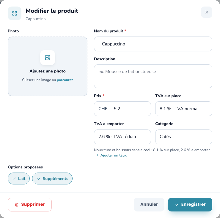 Fenêtre de création d’un produit