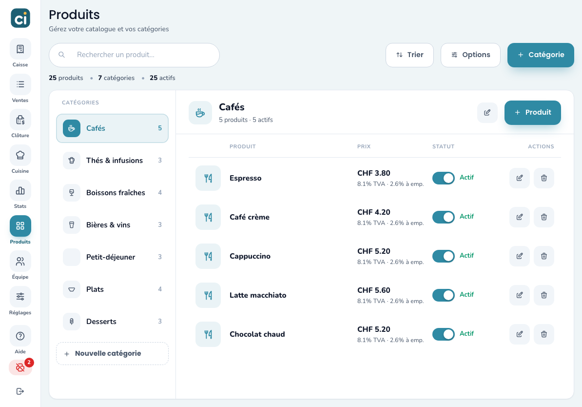 Page Produits avec la liste des catégories